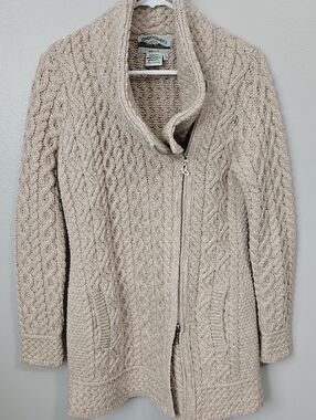 Aran Crafts Beige Cream Cable-Knit Asymmetric Zip Cardigan Merrino Wool